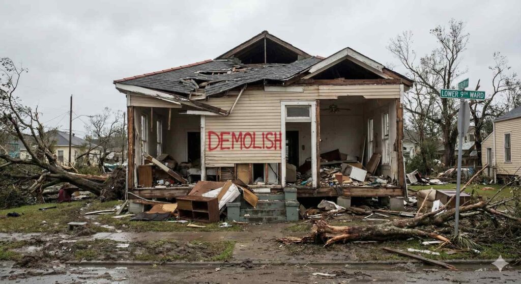 A severely damaged home in New Orleans after a storm, with a "DEMOLISH" sign spray-painted on the front, indicating a total loss.